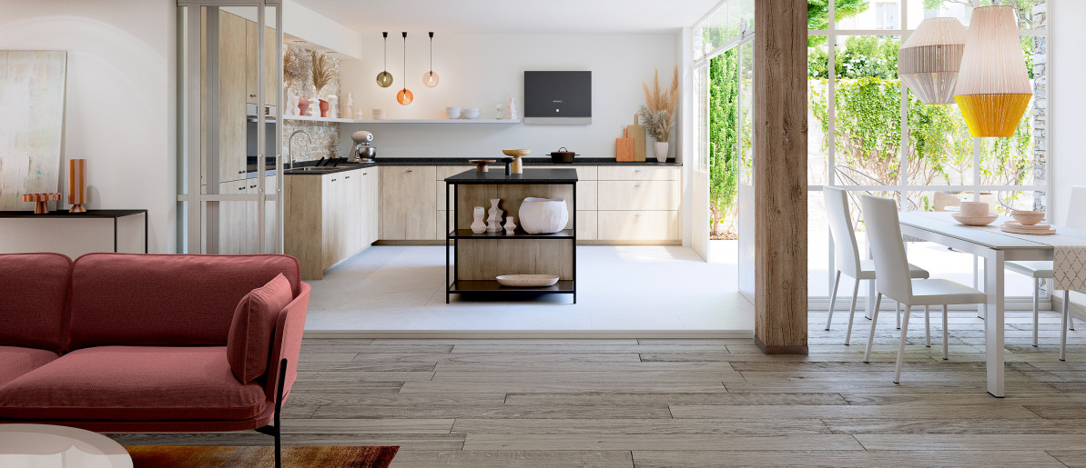 Kitchen Kiffa Model - Raw Nature Trend White gloss arranged in a row with an island VP