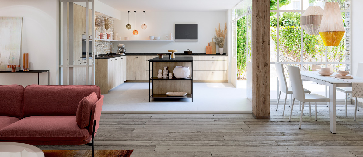 Keuken Sfeer Natuur Hoogglans wit lineare Anordnung mit kookeiland VP