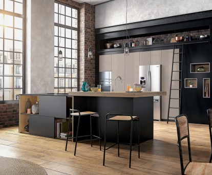 cuisine loft noir et bois