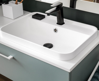 meuble lave mains couleur blanc avec vasque haut de gamme et mitigeur
