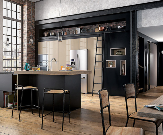 Cocina de estilo industrial en negro y madera