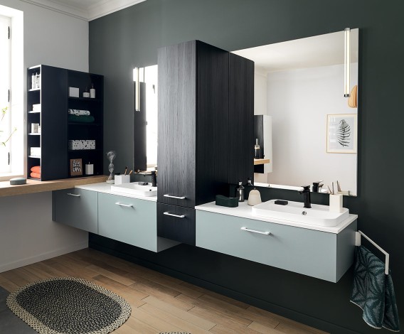 Salle de bain blanc et bois | Mobalpa