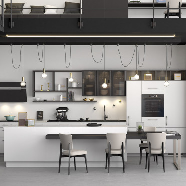 Cocina Ambiente BLACK Blanco Aravis brillante con isla LM