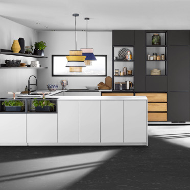 Cocina Ambiente ORIGINS Blanco Aravis brillante equipada en forma de U LM